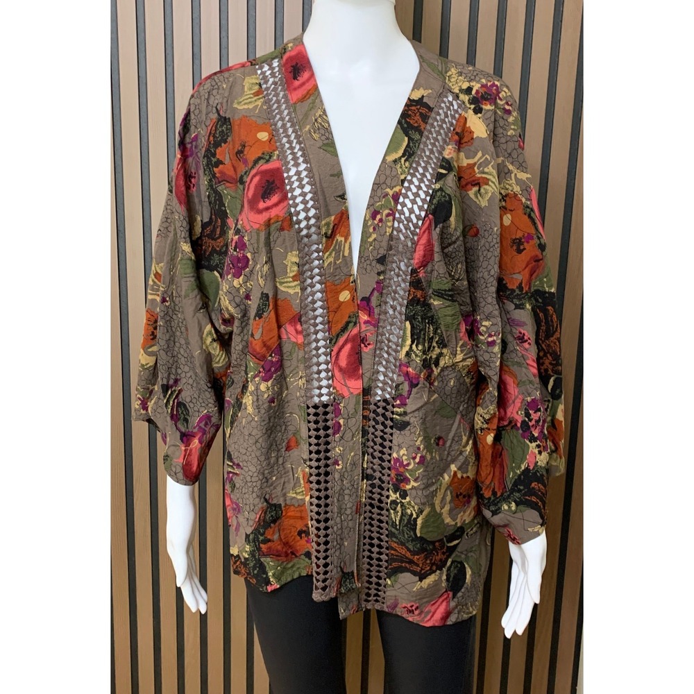 Soft Surroundings Women's Floral Kimono Jacket Brown Crochet Trim Open Front M